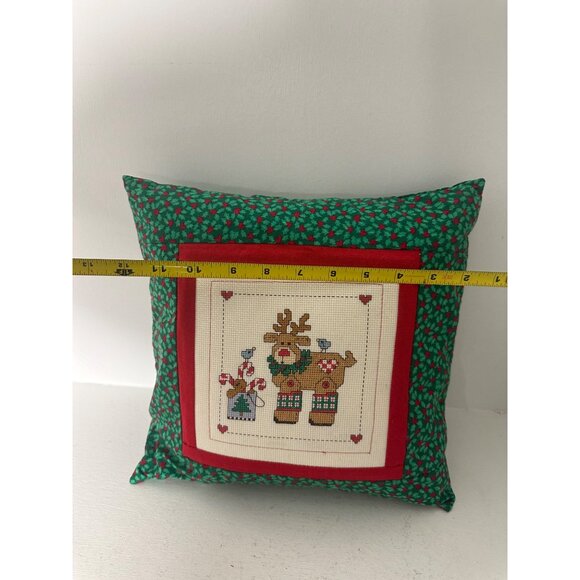 Handmade Cross Stitch Reindeer Christmas Pillow With Red & Green Holly Design 12 - Picture 5 of 7